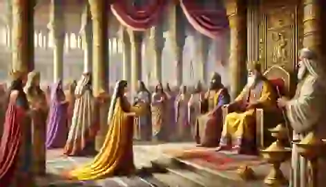 The Queen of Sheba visits King Solomon, offering gifts of gold and spices in his grand Jerusalem court.