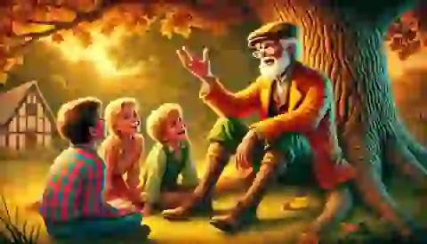 Erik as an old man, telling the story of the Pied Piper to his grandchildren.