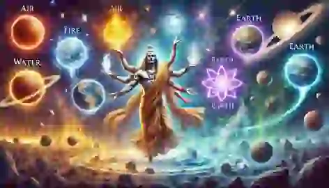 Brahma creating the elements of air, fire, water, earth, and ether, glowing in spheres of energy