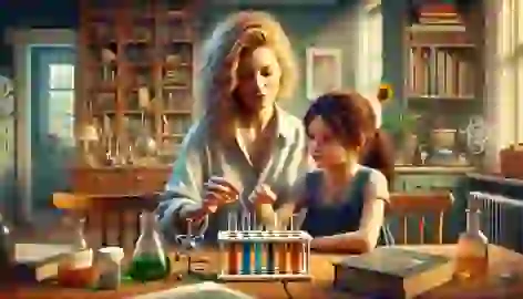 Elizabeth Zott and her daughter Madeline sitting at a table covered with science books and a chemistry set.