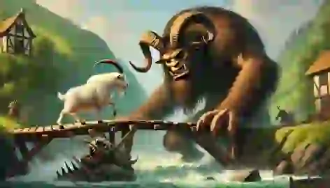 The largest Billy Goat Gruff prepares to charge at the troll on the creaking wooden bridge over the roaring river.