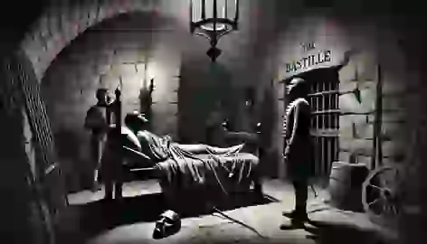 The frail Man in the Iron Mask lies in his cell in the Bastille, with his mask resting beside him on the bed.