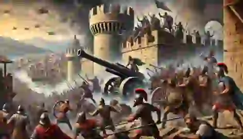 Macedonian soldiers attacking the walls of Rhodes with siege engines, while defenders repair and protect the city.