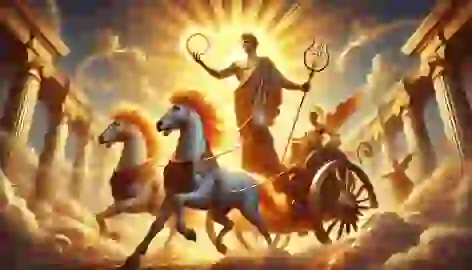 Apollo on a golden chariot, holding a lyre, leading fiery horses through the clouds with rays of sunlight.