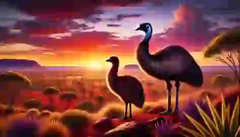 Emu and Jabiru standing side by side at sunset, overlooking the Australian Outback.