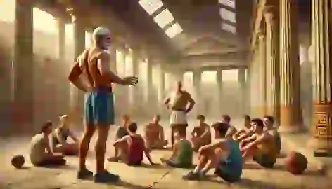 Older Milo of Croton mentoring young athletes in an ancient gymnasium.