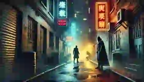  A dark alley with two shadowy figures in a tense confrontation amidst neon lights and wet streets.