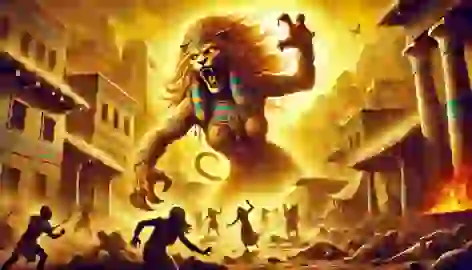 Sekhmet, the lioness goddess, unleashes her fury on a village, surrounded by destruction and fleeing people.