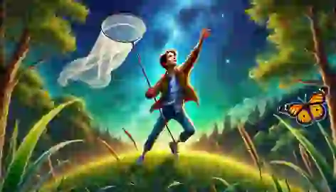 Leo on a grassy hill, reaching toward the stars with a butterfly net