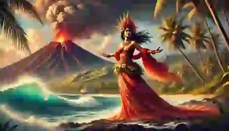 Pele, the volcano goddess, stands in Hawaiian garb with a staff, a volcano and waves clashing in the background.