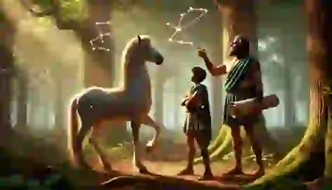 Chiron, the wise centaur, teaches a young hero in a peaceful forest, gesturing toward the stars with a scroll in hand.