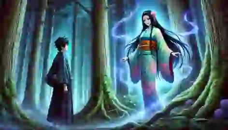 Hiroshi encounters a mysterious woman in a shimmering kimono in the forest at twilight.