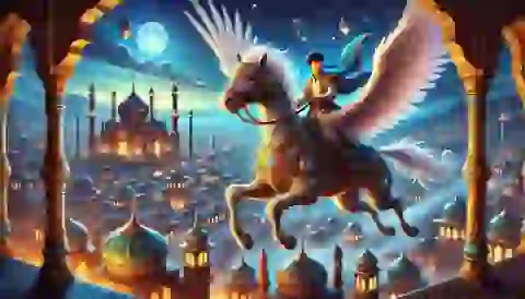 The prince riding the enchanted horse high above an exotic city.