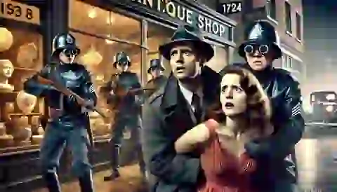 Winston and Julia being ambushed by the Thought Police outside the antique shop.