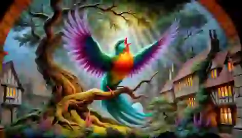 Miraculous bird emerging from the juniper tree, captivating the medieval village with its song.