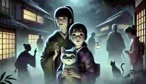 Ayame and her mother hold Tama in a misty night village as shadows of villagers look on.