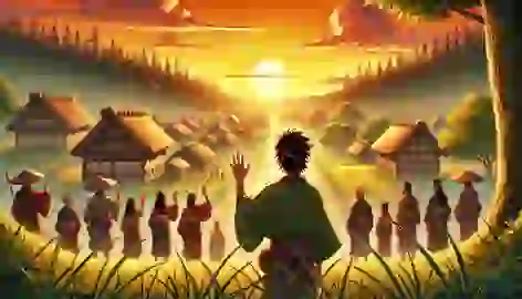 Kiyoshi gazes at his former village during sunset, with villagers waving in gratitude.