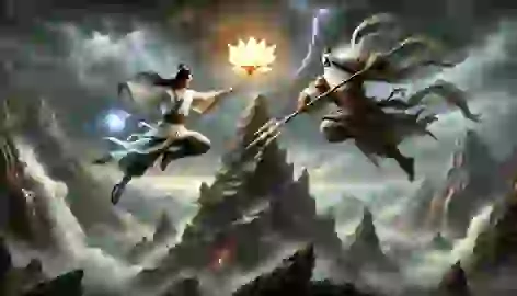 Chen Xiang battles Erlang Shen atop Mount Hua, their powers shaking the mountain as lightning flashes through storm clouds.