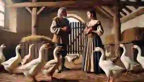 Gisela disguised as a goose girl, talking to Conrad in a rustic stable.