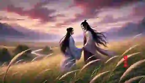 Wei and Mei walk hand in hand through a serene field at sunset, their love and destiny intertwined forever.