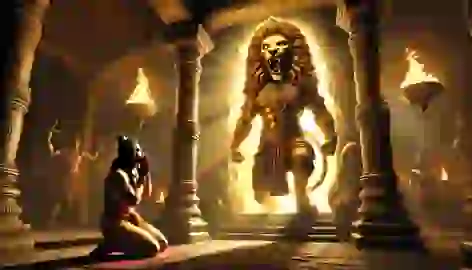 Narasimha, the man-lion avatar, emerges from a stone pillar to confront the demon king Hiranyakashipu.