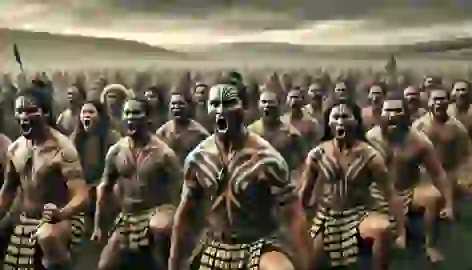 A group of Māori warriors performing the haka on a battlefield with an overcast sky and distant hills.