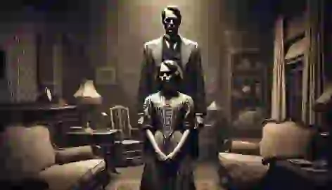 Miss Emily and her stern father standing in a dim parlor, her father’s shadow cast over her, symbolizing control.