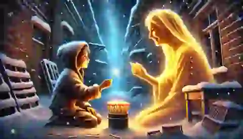 The Little Match Girl strikes all her matches, seeing a vision of her grandmother glowing with heavenly light.