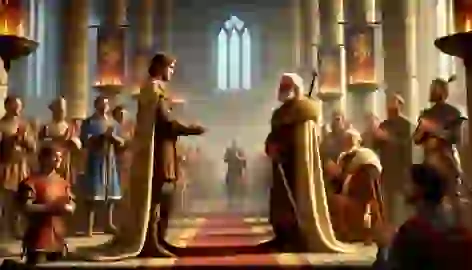 Sir Edmund stands before King Arlen in the great hall, receiving the kingdom