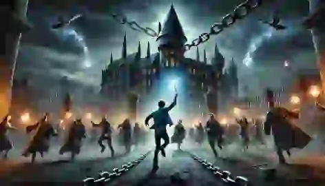 Wizards and witches break free from a wizarding prison, led by a young wizard holding his wand high in triumph.