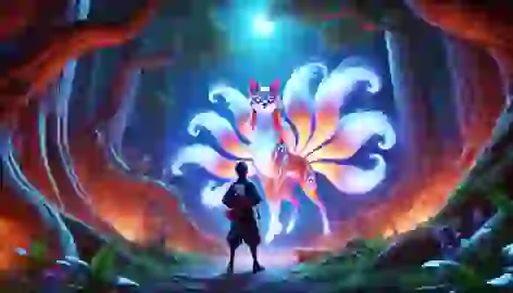 The Kitsune in her true form as a fox with nine glowing tails stands before Hiroshi in a forest clearing