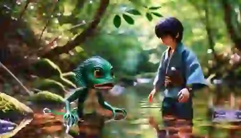 Hiroshi encounters the Kappa at the riverbank, with the creature emerging from the water, staring at him.