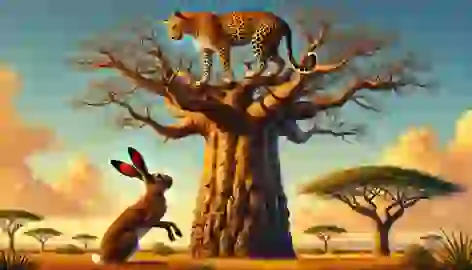 The Leopard sits atop a tall baobab tree while the Hare watches from below, ready with his next trick.