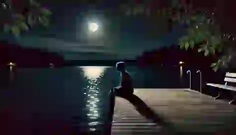 Harriet sitting alone on the dock at night, gazing at the moonlit lake with a thoughtful expression.