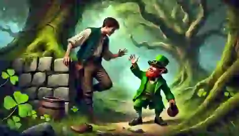 Finn corners a leprechaun near a stone wall in a grove, holding a tiny shoe as proof of his catch.