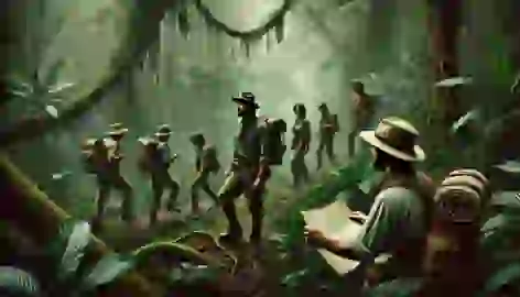 Explorers trek through thick underbrush in the Amazon jungle, following their guide deeper into the wilderness.