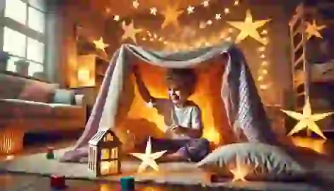 A child smiles inside a blanket fort decorated with lights, lost in imagination.