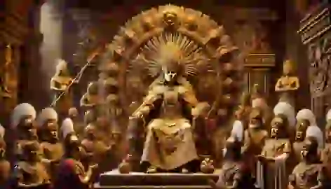 The Lord of Sipán seated in full regal attire, adorned in gold and surrounded by attendants in a ceremonial chamber.