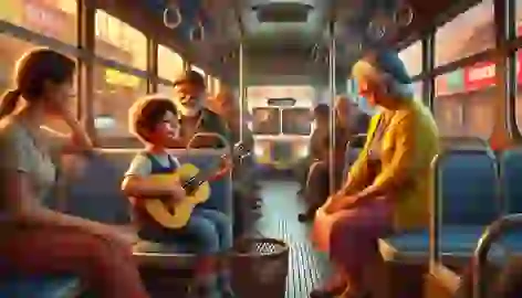 Amir and his grandmother watch a street musician playing guitar on a bus.