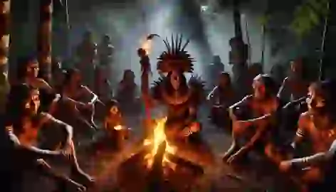 Yanomami shaman performing a spiritual ritual at night with glowing embers and villagers observing.