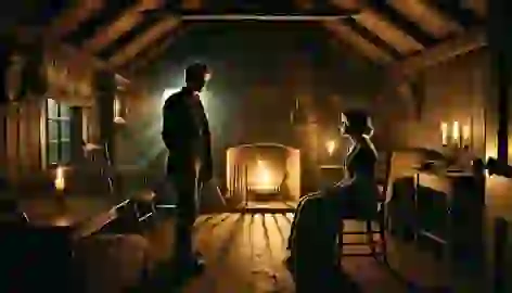 Fletcher inside a dimly lit house, speaking with a mysterious woman by the fire, both appearing tense and contemplative.