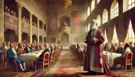 Bahram proudly delivers a speech to disinterested guests in his lavish banquet hall, filled with luxury and grandeur.