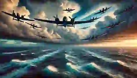 Military planes from Flight 19 flying over turbulent waters in the Bermuda Triangle, heading into stormy skies.