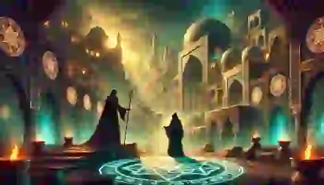 Daryush confronts the sorcerer in a dark lair on the outskirts of Tabriz, with glowing symbols on the walls.