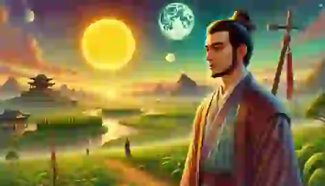 Hou Yi stands below the last sun, overlooking a land beginning to recover.