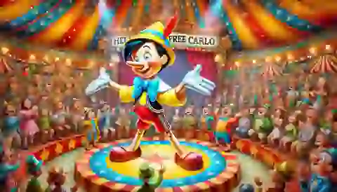 Pinocchio performing at the circus with the crowd cheering.