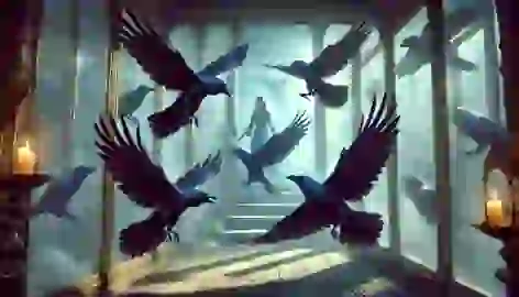 Seven ravens fly into the glass mountain chamber while their sister watches from the shadows.