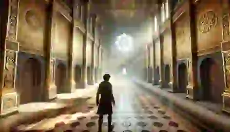 Arash stands before three doorways in the Hall of Trials within the castle.