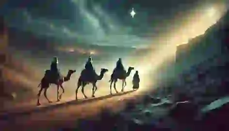 Three wise men leave Bethlehem under the night sky, guided by divine warning to avoid King Herod.