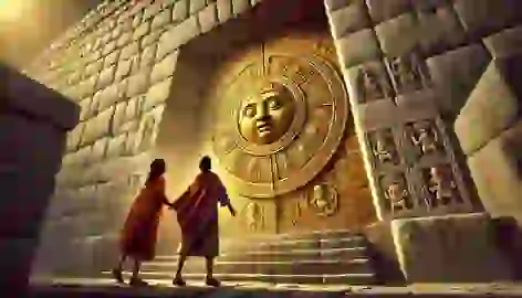 Amaru reaches out to open the golden sun disc door in Machu Picchu, with Tupac watching.